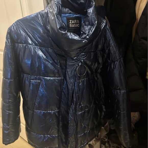 Zara metallic blue shiny puffer size M - Picture 3 of 4